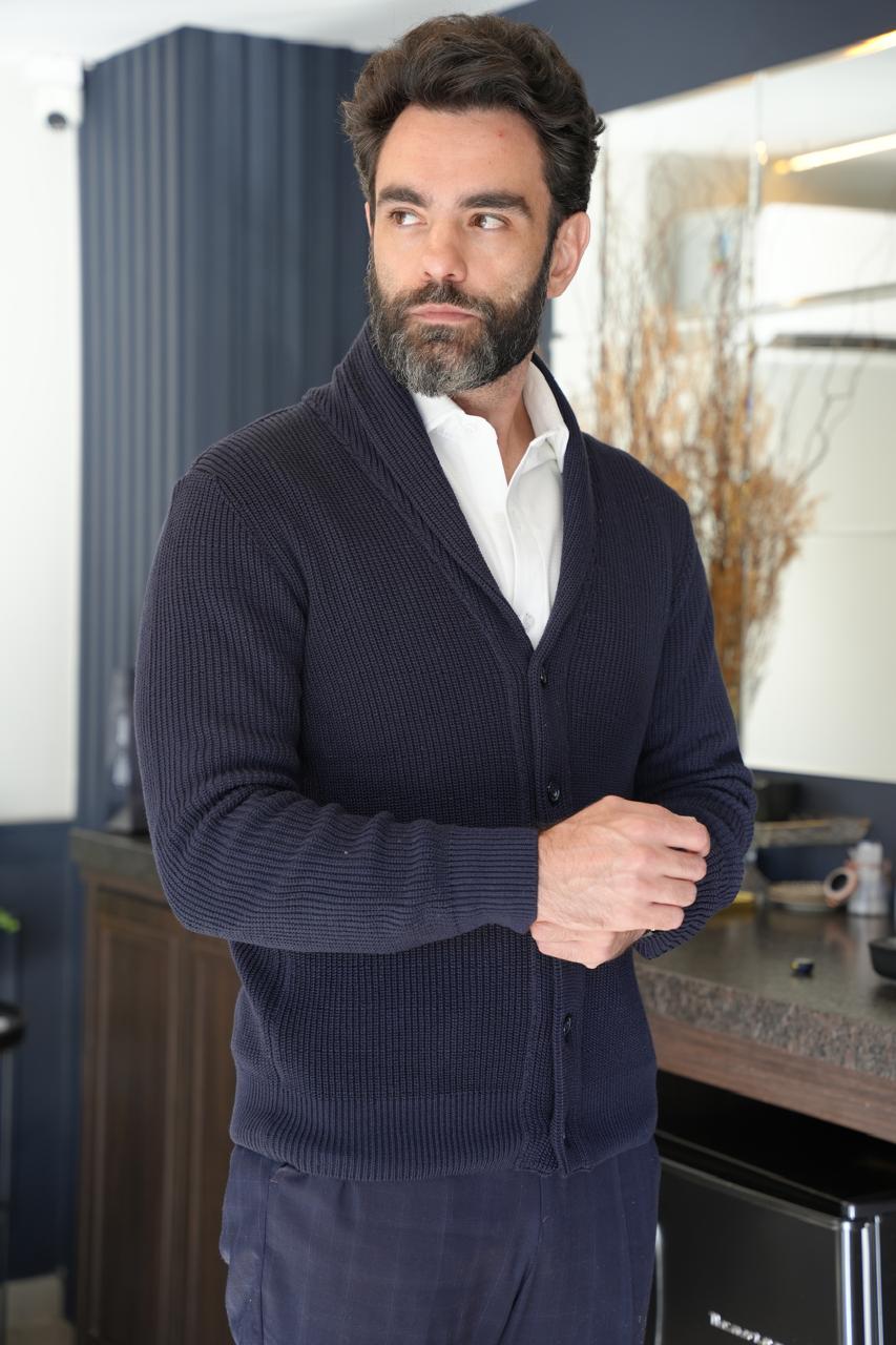 Cardigan Tricô Canelado — Azul Marinho – Mr Suits
