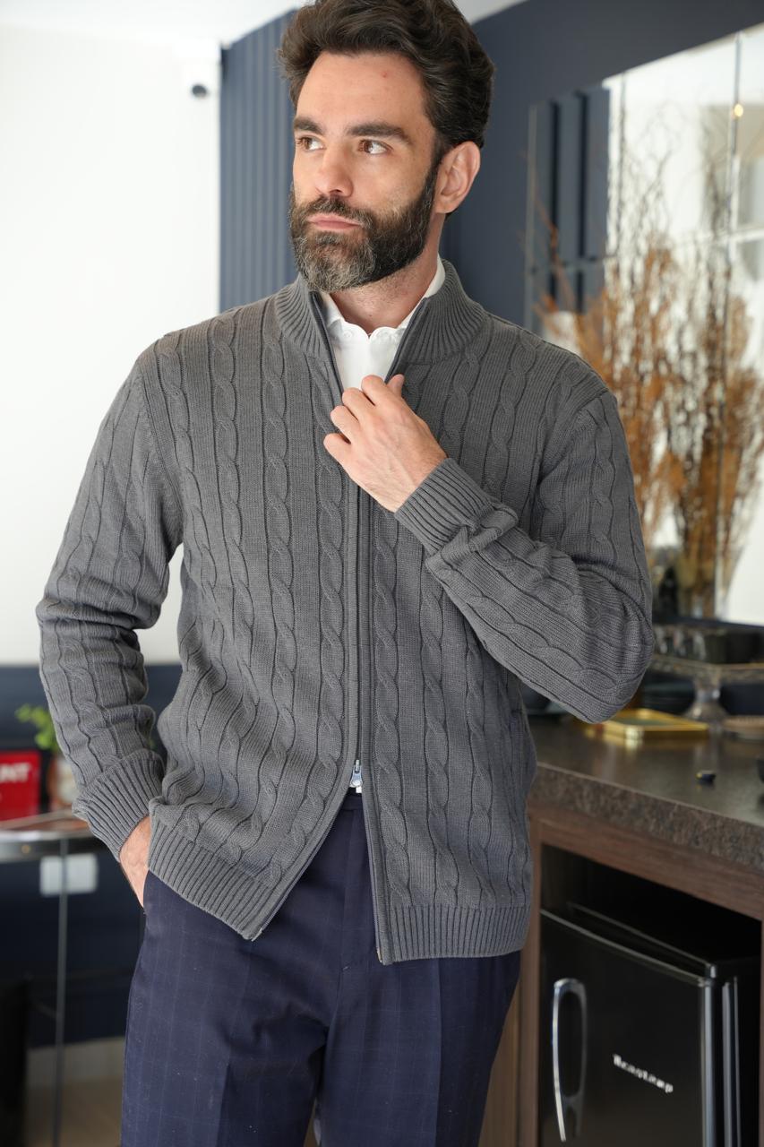 Cardigan Tricô Trançado com Zíper – Mr Suits